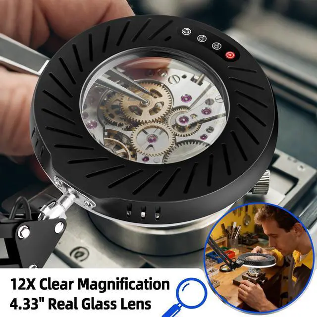 Alt view image 2 of 7 - 12X Magnifying Glass with Light and Stand, 144 LED Real Glass Magnifying Desk Lamp with Base and Clamp, 5 Color Modes 9-Level Dimmable Lighted Magnifier Hands Free for Crafts Sewing Close Work