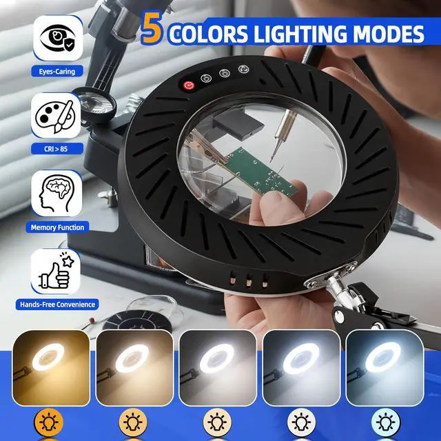 Alt view image 3 of 7 - 12X Magnifying Glass with Light and Stand, 144 LED Real Glass Magnifying Desk Lamp with Base and Clamp, 5 Color Modes 9-Level Dimmable Lighted Magnifier Hands Free for Crafts Sewing Close Work