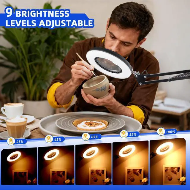 Alt view image 4 of 7 - 12X Magnifying Glass with Light and Stand, 144 LED Real Glass Magnifying Desk Lamp with Base and Clamp, 5 Color Modes 9-Level Dimmable Lighted Magnifier Hands Free for Crafts Sewing Close Work
