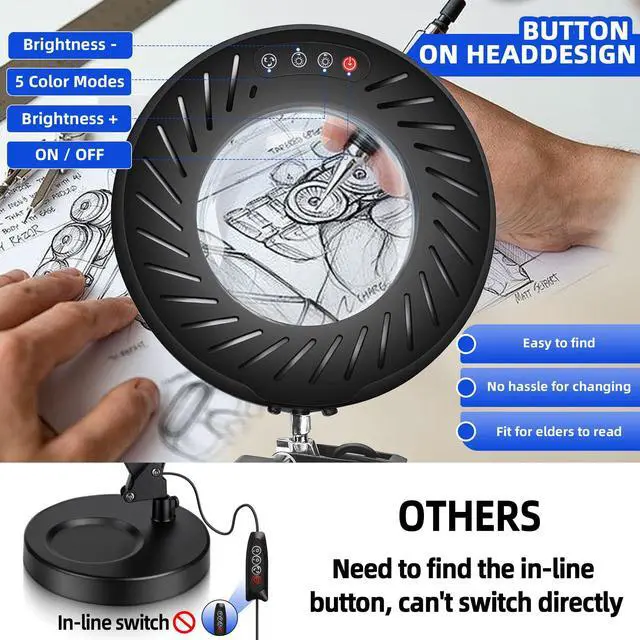 Alt view image 6 of 7 - 12X Magnifying Glass with Light and Stand, 144 LED Real Glass Magnifying Desk Lamp with Base and Clamp, 5 Color Modes 9-Level Dimmable Lighted Magnifier Hands Free for Crafts Sewing Close Work