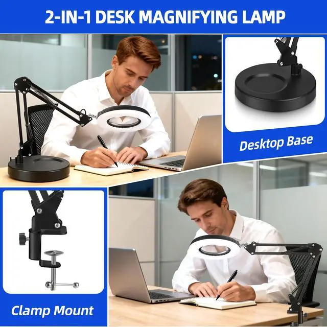 Alt view image 5 of 7 - 12X Magnifying Glass with Light and Stand, 144 LED Real Glass Magnifying Desk Lamp with Base and Clamp, 5 Color Modes 9-Level Dimmable Lighted Magnifier Hands Free for Crafts Sewing Close Work