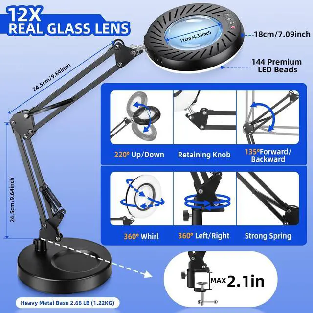 Alt view image 7 of 7 - 12X Magnifying Glass with Light and Stand, 144 LED Real Glass Magnifying Desk Lamp with Base and Clamp, 5 Color Modes 9-Level Dimmable Lighted Magnifier Hands Free for Crafts Sewing Close Work