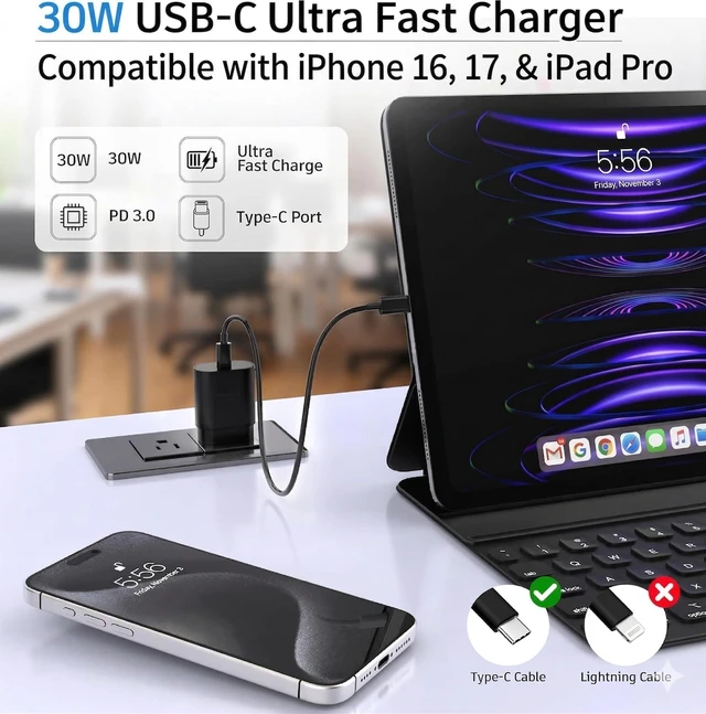 Alt view image 4 of 6 - 2-Pack 30W USB C Charger Block Wall Power Adapter for iPhone 18 Pro,17 | PD 3.0 fast charging Block, Compatible with iPhone Duo, 18/17/16/15/14/13 Pro Max series, iPad, Pro (Black)