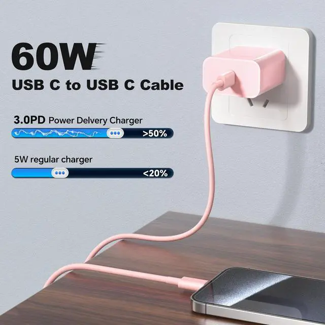 Alt view image 3 of 7 - Compatible with iPhone 17 16 15 Charger,3 Pack 20W USB C Fast Wall Charger with 60W 10ft USB C to C Cables,10ft Type C Charging Cord Compatible with iPhone 17/16/15 Plus/Pro Max/Pro/Samsumg S24/S23