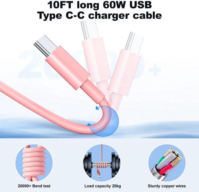 Alt view image 5 of 7 - Compatible with iPhone 17 16 15 Charger,3 Pack 20W USB C Fast Wall Charger with 60W 10ft USB C to C Cables,10ft Type C Charging Cord Compatible with iPhone 17/16/15 Plus/Pro Max/Pro/Samsumg S24/S23