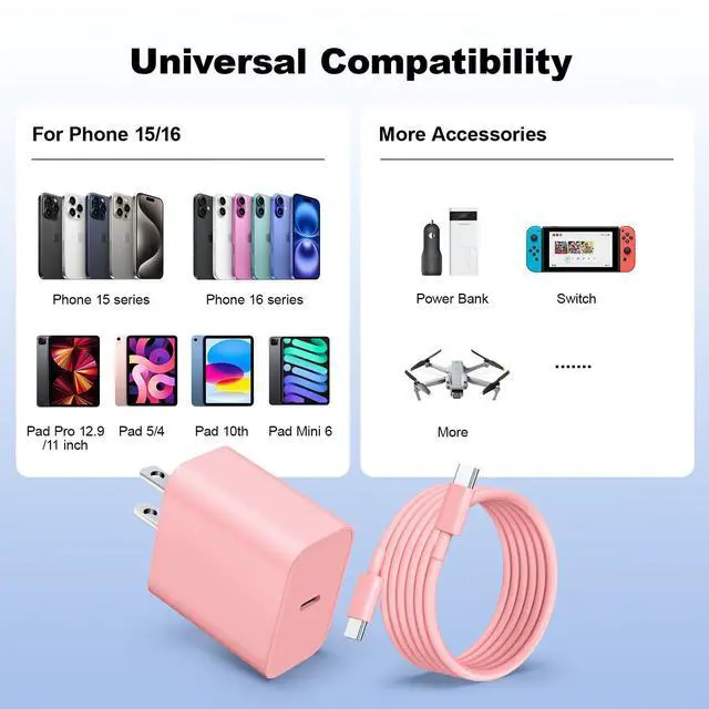 Alt view image 6 of 7 - Compatible with iPhone 17 16 15 Charger,3 Pack 20W USB C Fast Wall Charger with 60W 10ft USB C to C Cables,10ft Type C Charging Cord Compatible with iPhone 17/16/15 Plus/Pro Max/Pro/Samsumg S24/S23