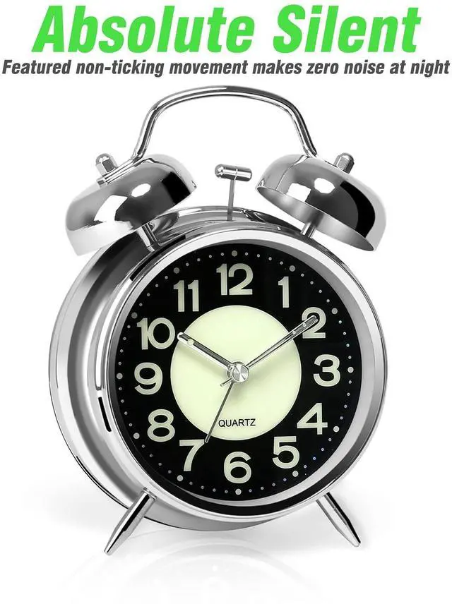 Alt view image 2 of 6 - Super Loud Alarm Clock for Heavy Sleepers Adults,Twin Bell Retro 4 Inch Silent Non-Ticking Quartz with Backlight, Luminous dial, Alarm Clocks for Bedrooms Bedside (Silver)