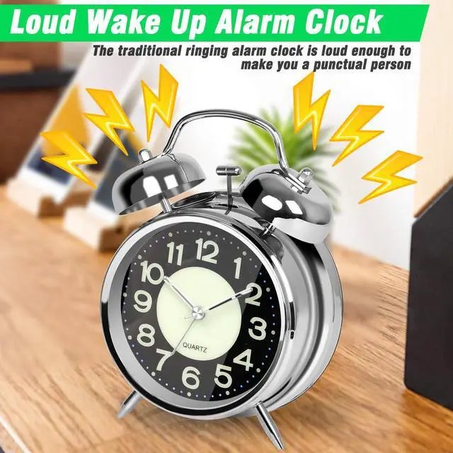 Alt view image 5 of 6 - Super Loud Alarm Clock for Heavy Sleepers Adults,Twin Bell Retro 4 Inch Silent Non-Ticking Quartz with Backlight, Luminous dial, Alarm Clocks for Bedrooms Bedside (Silver)