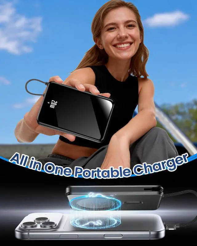 Alt view image 2 of 7 - golioklsy Portable Charger Power Bank, 10000mAh Phone Charger with Built-in Cable, 20W PD Fast Charging, Slim Battery Pack with LED Display, Travel Essential for iPhone 17/16/15/14 All Series, Black
