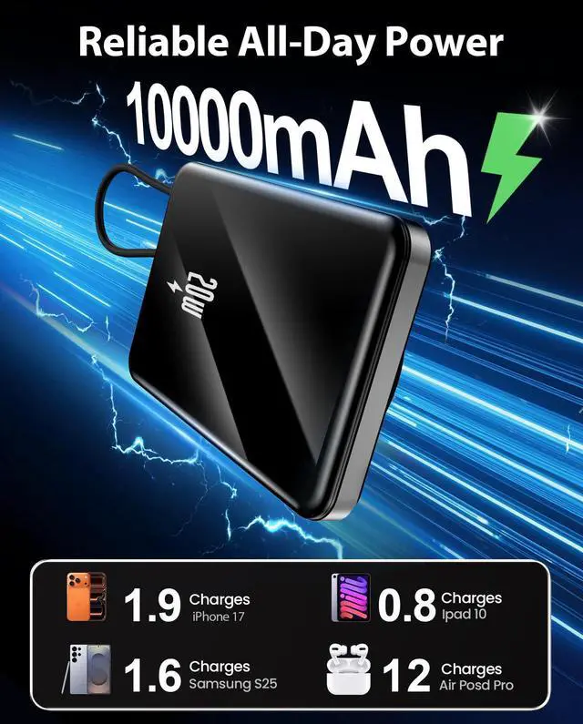 Alt view image 3 of 7 - golioklsy Portable Charger Power Bank, 10000mAh Phone Charger with Built-in Cable, 20W PD Fast Charging, Slim Battery Pack with LED Display, Travel Essential for iPhone 17/16/15/14 All Series, Black
