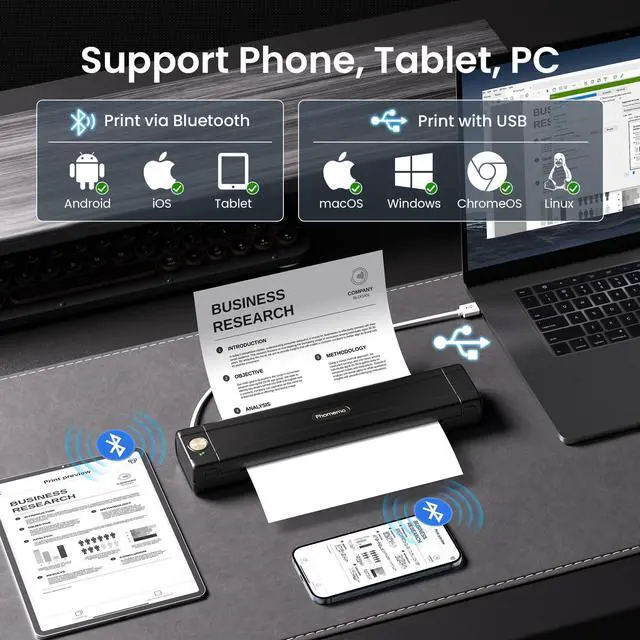 Alt view image 3 of 7 - M08E Portable Printers Wireless for Travel, Bluetooth Inkless Thermal Printer Support 8.5'' x 11'' US Letter, Compatible with iPhone, Android Phone, Laptop for Office Car Home Use