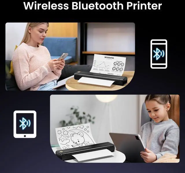 Alt view image 6 of 7 - M08E Portable Printers Wireless for Travel, Bluetooth Inkless Thermal Printer Support 8.5'' x 11'' US Letter, Compatible with iPhone, Android Phone, Laptop for Office Car Home Use