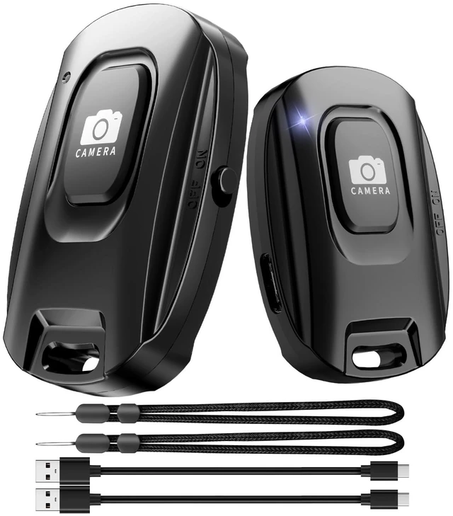 Main image of 2 Pack Rechargeable Wireless Camera Remote Shutter for Smartphones | Bluetooth Phone Remote Control,Selfie Button for Photos and Videos Charging Cable and Wrist Strap Included