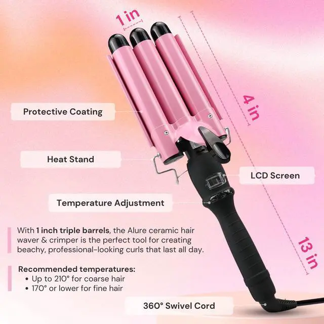 Alt view image 6 of 7 - Three Barrel Curling Iron Wand Hair Waver with LCD Temperature Display - 1 Inch Ceramic Tourmaline Triple Barrels, Dual Voltage Crimp