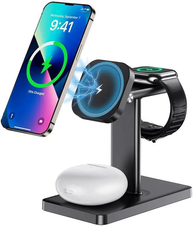 Main image of 3 in 1 Magnetic Wireless Charging Station for iPhone 1217, Apple Watch & AirPods, 15W Fast Charging Stand for Desk & Bedside
