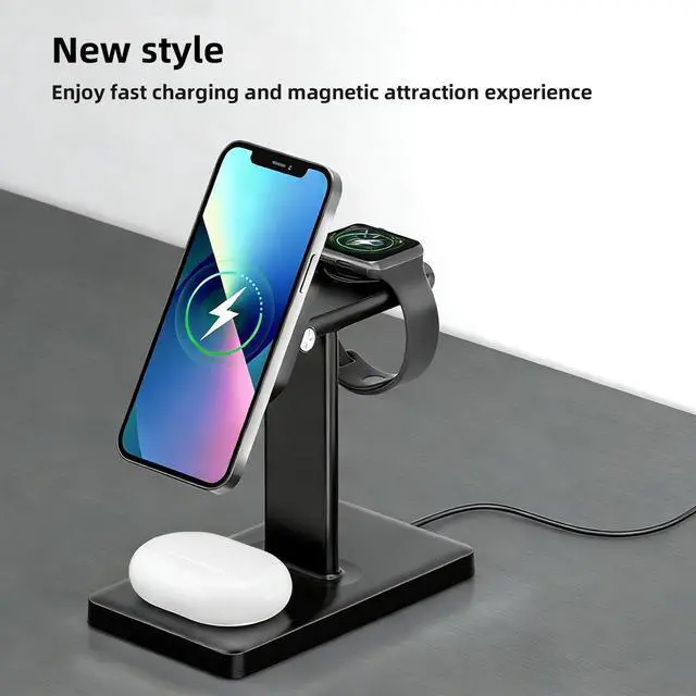 Alt view image 2 of 7 - 3 in 1 Magnetic Wireless Charging Station for iPhone 1217, Apple Watch & AirPods, 15W Fast Charging Stand for Desk & Bedside