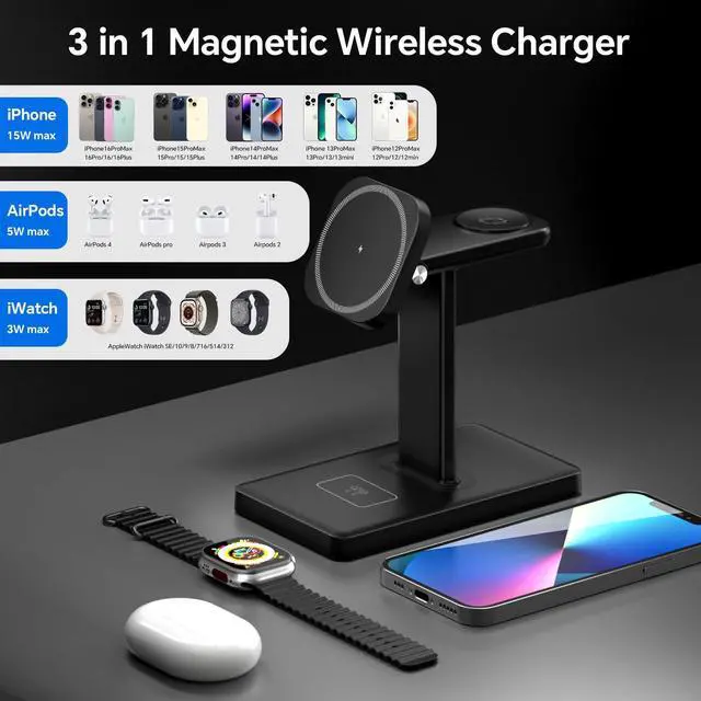 Alt view image 6 of 7 - 3 in 1 Magnetic Wireless Charging Station for iPhone 1217, Apple Watch & AirPods, 15W Fast Charging Stand for Desk & Bedside