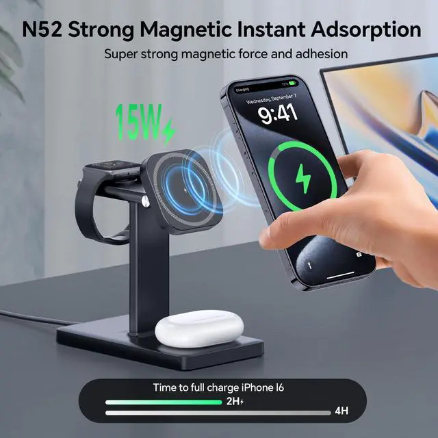 Alt view image 5 of 7 - 3 in 1 Magnetic Wireless Charging Station for iPhone 1217, Apple Watch & AirPods, 15W Fast Charging Stand for Desk & Bedside