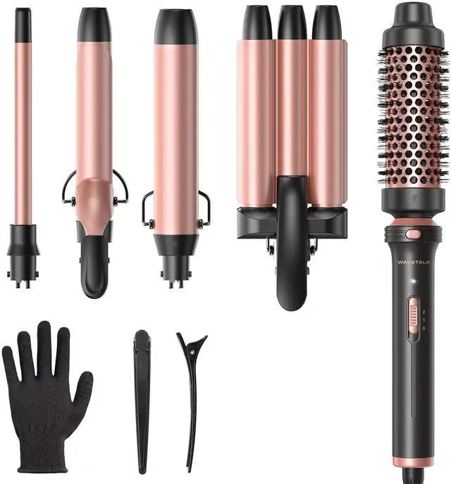 Main image of 5 in 1 Curling Wand Set, Dual Voltage Curling Iron Set with 5 Interchangeable Barrels Included A Thermal Brush, A Hair Crimper and 3 Ceramic Curling Wands(0.5"-1.25"), Rose Pink