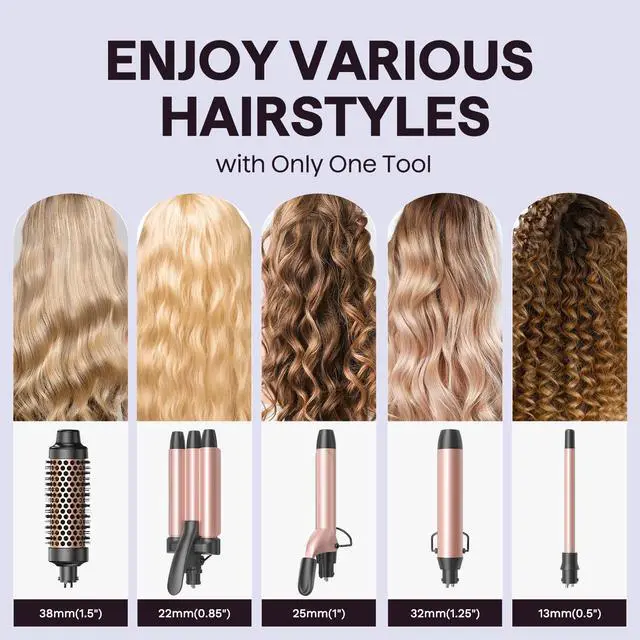 Alt view image 2 of 7 - 5 in 1 Curling Wand Set, Dual Voltage Curling Iron Set with 5 Interchangeable Barrels Included A Thermal Brush, A Hair Crimper and 3 Ceramic Curling Wands(0.5"-1.25"), Rose Pink