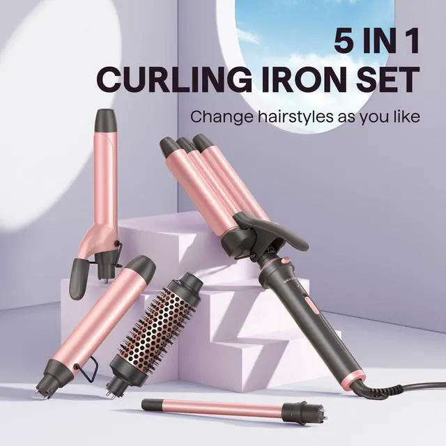 Alt view image 7 of 7 - 5 in 1 Curling Wand Set, Dual Voltage Curling Iron Set with 5 Interchangeable Barrels Included A Thermal Brush, A Hair Crimper and 3 Ceramic Curling Wands(0.5"-1.25"), Rose Pink