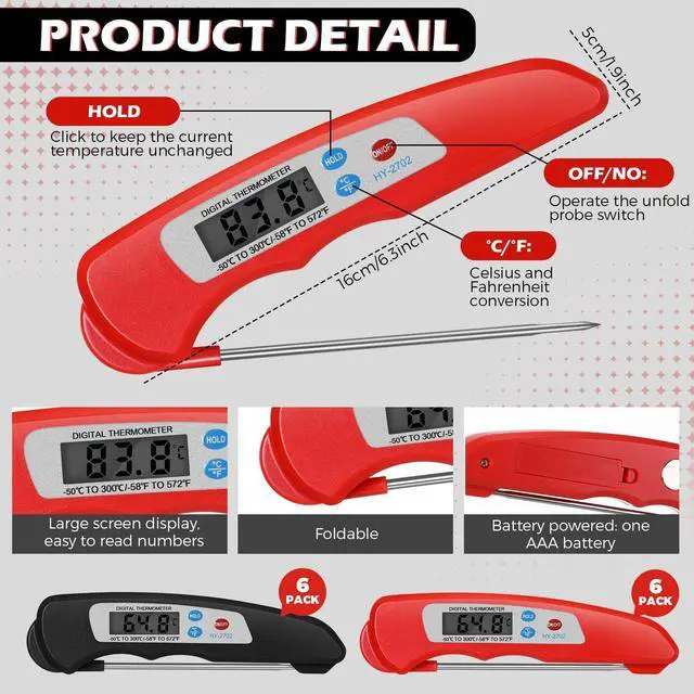 Alt view image 2 of 6 - 12 Pcs Digital Meat Thermometer with Probe Waterproof Instant Read Foldable Food Thermometer with Magnet for Kitchen Grilling Cooking Turkey Baking BBQ(Black, Red)