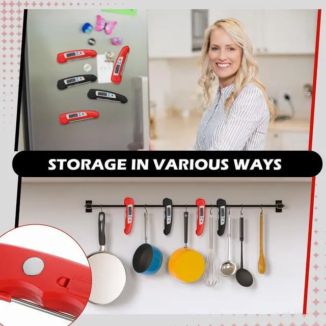 Alt view image 5 of 6 - 12 Pcs Digital Meat Thermometer with Probe Waterproof Instant Read Foldable Food Thermometer with Magnet for Kitchen Grilling Cooking Turkey Baking BBQ(Black, Red)