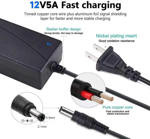 Alt view image 2 of 6 - Power Adapter 12V 5A 4A 3A 2.5A 2A 1A AC DC Power Supply Cord Cable 5.5x2.1mm for Sceptre EC Series Monitor,ONN,AOC,Dell,Webcam, Router, Projector, CCTV, Speakers & More 12v 5a Monitor Charger
