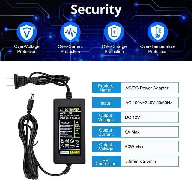 Alt view image 5 of 6 - Power Adapter 12V 5A 4A 3A 2.5A 2A 1A AC DC Power Supply Cord Cable 5.5x2.1mm for Sceptre EC Series Monitor,ONN,AOC,Dell,Webcam, Router, Projector, CCTV, Speakers & More 12v 5a Monitor Charger