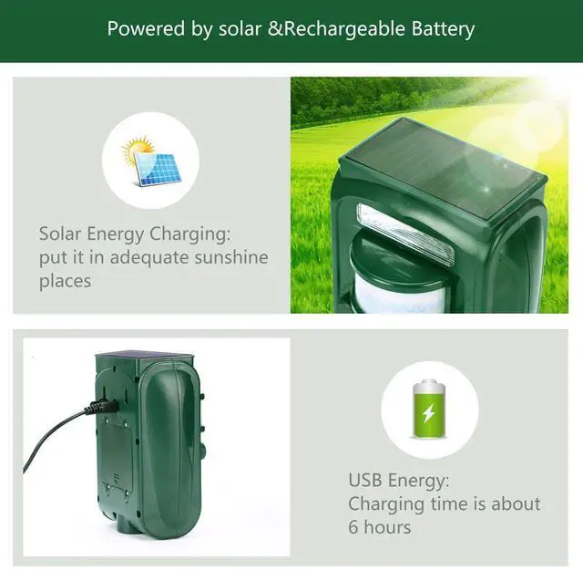 Alt view image 4 of 7 - Solar Ultrasonic Animal Repeller, Cat Repellent, Motion Detection, Siren and Flash Repel. Dog, Squirrel, Deer, Raccoon, Skunk, Rabbit, Fox, etc