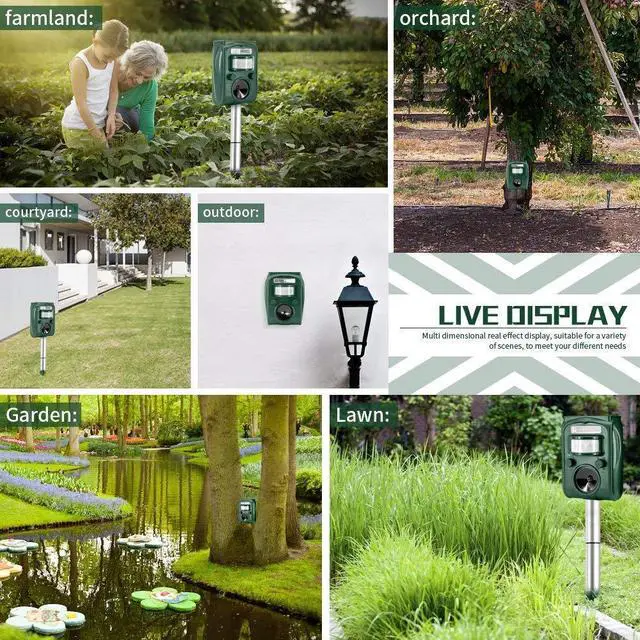 Alt view image 7 of 7 - Solar Ultrasonic Animal Repeller, Cat Repellent, Motion Detection, Siren and Flash Repel. Dog, Squirrel, Deer, Raccoon, Skunk, Rabbit, Fox, etc