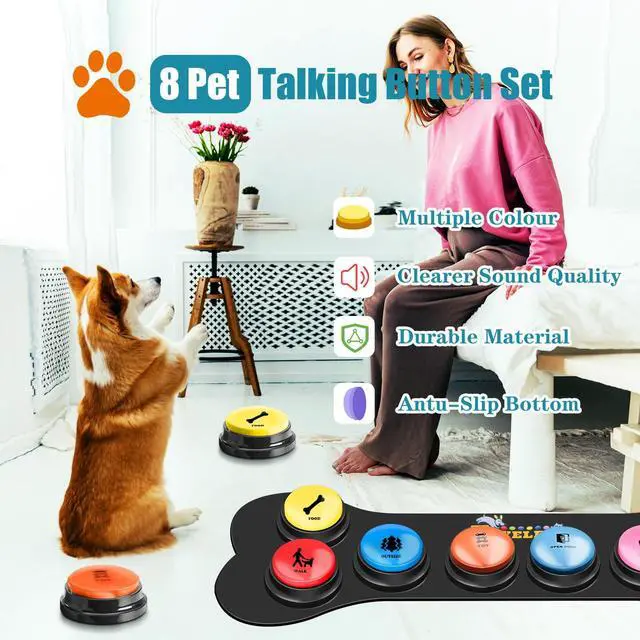Alt view image 3 of 7 - Dog Buttons for Communication Starter Pack 8 Dog Talking Button Set, 30s Voice Recording Speaking Button Pet Speech Training Buzzers with 30 Scene Stickers and Dog Button Mat for Animal Training