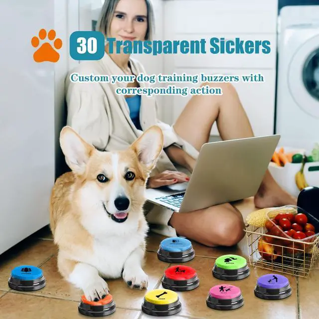 Alt view image 5 of 7 - Dog Buttons for Communication Starter Pack 8 Dog Talking Button Set, 30s Voice Recording Speaking Button Pet Speech Training Buzzers with 30 Scene Stickers and Dog Button Mat for Animal Training