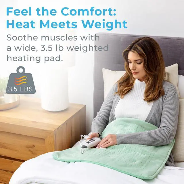 Alt view image 2 of 7 - WeightedWarmth Extra-Wide Weighted Heating Pad for Cramps, Back, & Shoulder Joint Relief, 3.5 lbs, 6 Heat Settings, Microplush, Machine Washable, 2 Hr Auto Shut-Off, 20x24 (Jade)