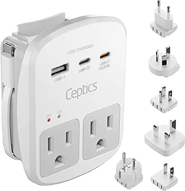 Main image of 35W Universal Travel Adapter Kit 2 USA sockets, USB-A, USBC, 1x PD 35W USB-C and USBC Cable, Surge Protected, Plugs for EU, UK, China, AU, Japan - for Laptop, Phone, Camera-ETL Tested