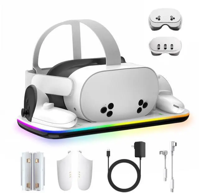 Main image of Charging Dock Compatible with Meta Oculus Quest 3/3S, VR Headset Controller Accessories, Charging Station with Closable RGB Indicator, Magnetic Charging, Fast Charging, 2 Rechargeable Batteries