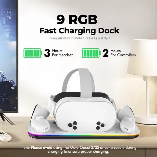 Alt view image 2 of 7 - Charging Dock Compatible with Meta Oculus Quest 3/3S, VR Headset Controller Accessories, Charging Station with Closable RGB Indicator, Magnetic Charging, Fast Charging, 2 Rechargeable Batteries