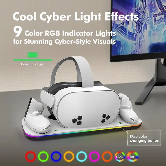 Alt view image 4 of 7 - Charging Dock Compatible with Meta Oculus Quest 3/3S, VR Headset Controller Accessories, Charging Station with Closable RGB Indicator, Magnetic Charging, Fast Charging, 2 Rechargeable Batteries
