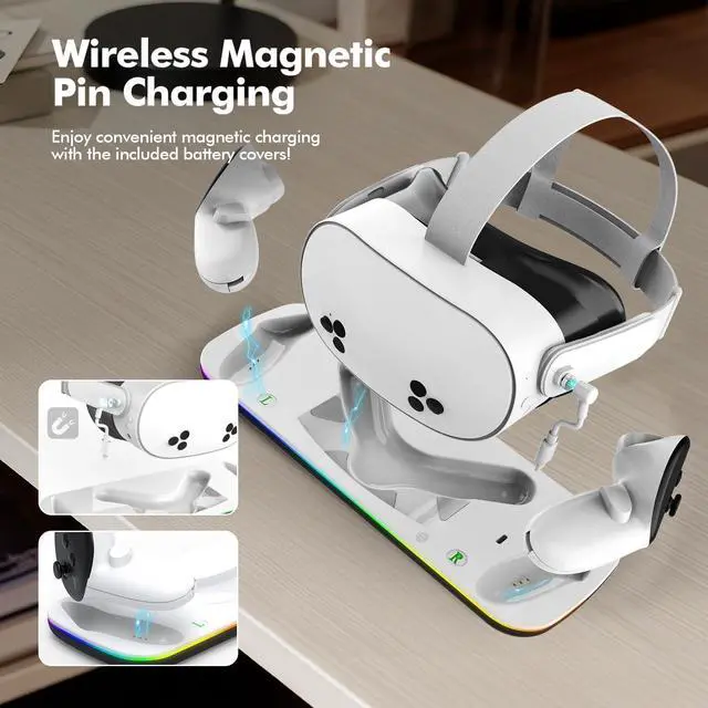 Alt view image 6 of 7 - Charging Dock Compatible with Meta Oculus Quest 3/3S, VR Headset Controller Accessories, Charging Station with Closable RGB Indicator, Magnetic Charging, Fast Charging, 2 Rechargeable Batteries