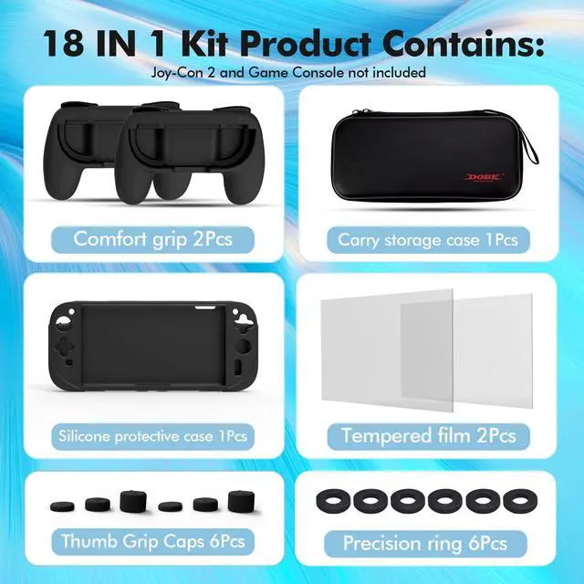 Alt view image 5 of 7 - 18-in-1 Accessories Bundle Compatible with Nintendo Switch 2, Carry Case Set, Protection Bundle with 2X Comfort Grips, 6X Thumb Grip Caps, 6X Precision Rings, Silicone Cover & 2X Tempered Glass