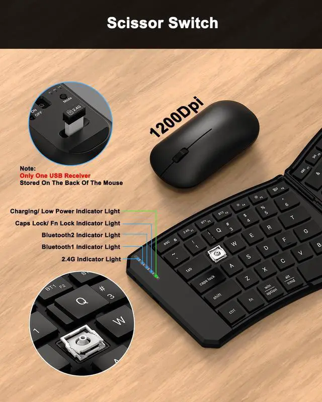 Alt view image 7 of 7 - Ergonomic Foldable Keyboard and Mouse Combo, 2.4G+Dual Bluetooth Rechargeable Folding Keyboard Mouse for Travel and Business, Split Design, Portable Size for Laptop iPads Tablet Smartphone