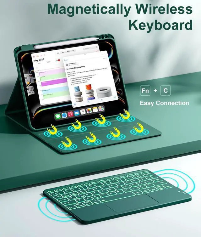 Alt view image 5 of 7 - for iPad Pro 11-inch Case with Keyboard (M5/M4) - Magnetic Wireless Detachable Keyboard with Multi-Touch Trackpad 7 Colors Backlit Stain Proof Folio Cover for Pro 11 Inch 2025 2024 - Pine Green