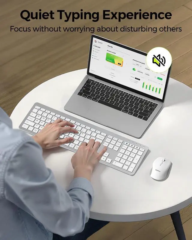 Alt view image 3 of 7 - seenda Bluetooth Keyboard and Mouse, COE300 Wireless Keyboard Mouse Combo, 3 Multi-Device Connection Full Size Ultra-Slim Keyboard with Number Pad for Windows/Mac,White & Silver