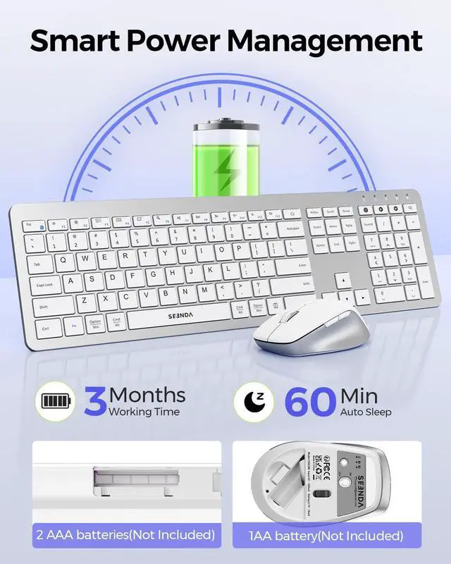 Alt view image 5 of 7 - seenda Bluetooth Keyboard and Mouse, COE300 Wireless Keyboard Mouse Combo, 3 Multi-Device Connection Full Size Ultra-Slim Keyboard with Number Pad for Windows/Mac,White & Silver