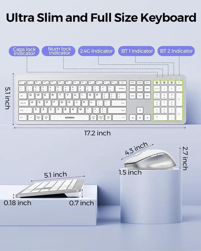 Alt view image 6 of 7 - seenda Bluetooth Keyboard and Mouse, COE300 Wireless Keyboard Mouse Combo, 3 Multi-Device Connection Full Size Ultra-Slim Keyboard with Number Pad for Windows/Mac,White & Silver