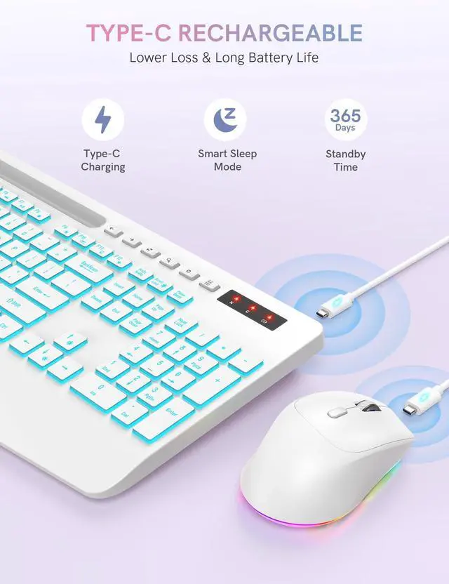Alt view image 4 of 7 - Wireless Keyboard and Mouse Combo with 7 Colored Backlits, Wrist Rest, Rechargeable Ergonomic Keyboard with Phone Holder, Silent Lighted Full Size Combo for Windows, PC, Laptop (Cloud White)