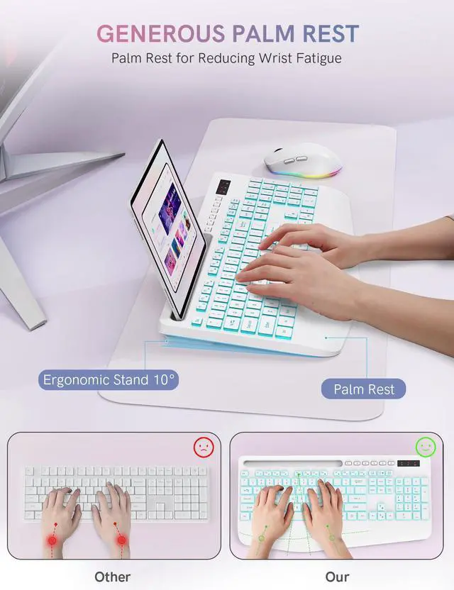 Alt view image 3 of 7 - Wireless Keyboard and Mouse Combo with 7 Colored Backlits, Wrist Rest, Rechargeable Ergonomic Keyboard with Phone Holder, Silent Lighted Full Size Combo for Windows, PC, Laptop (Cloud White)