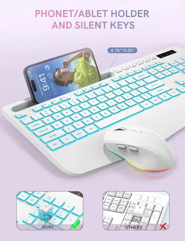 Alt view image 5 of 7 - Wireless Keyboard and Mouse Combo with 7 Colored Backlits, Wrist Rest, Rechargeable Ergonomic Keyboard with Phone Holder, Silent Lighted Full Size Combo for Windows, PC, Laptop (Cloud White)