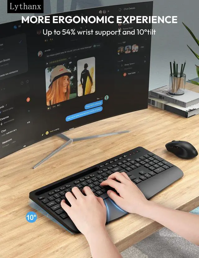 Alt view image 2 of 7 - Wireless Keyboard and Mouse Combo, Ergonomic Full-Size Keyboard with Wrist Rest, Silent 2.4GHz Cordless Set, Phone Holder, Sleep Mode, for Computer, Laptop, PC, Mac, Windows