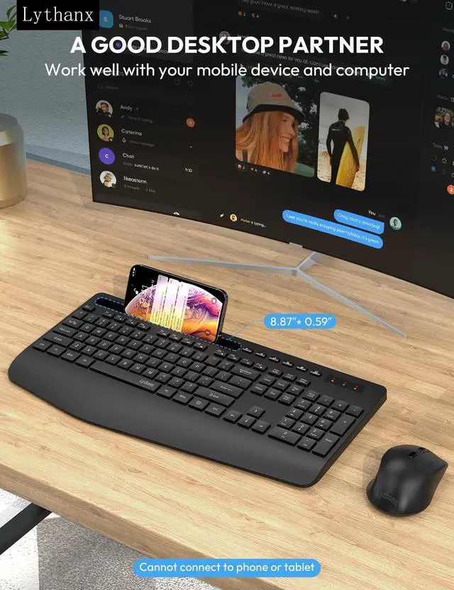 Alt view image 3 of 7 - Wireless Keyboard and Mouse Combo, Ergonomic Full-Size Keyboard with Wrist Rest, Silent 2.4GHz Cordless Set, Phone Holder, Sleep Mode, for Computer, Laptop, PC, Mac, Windows